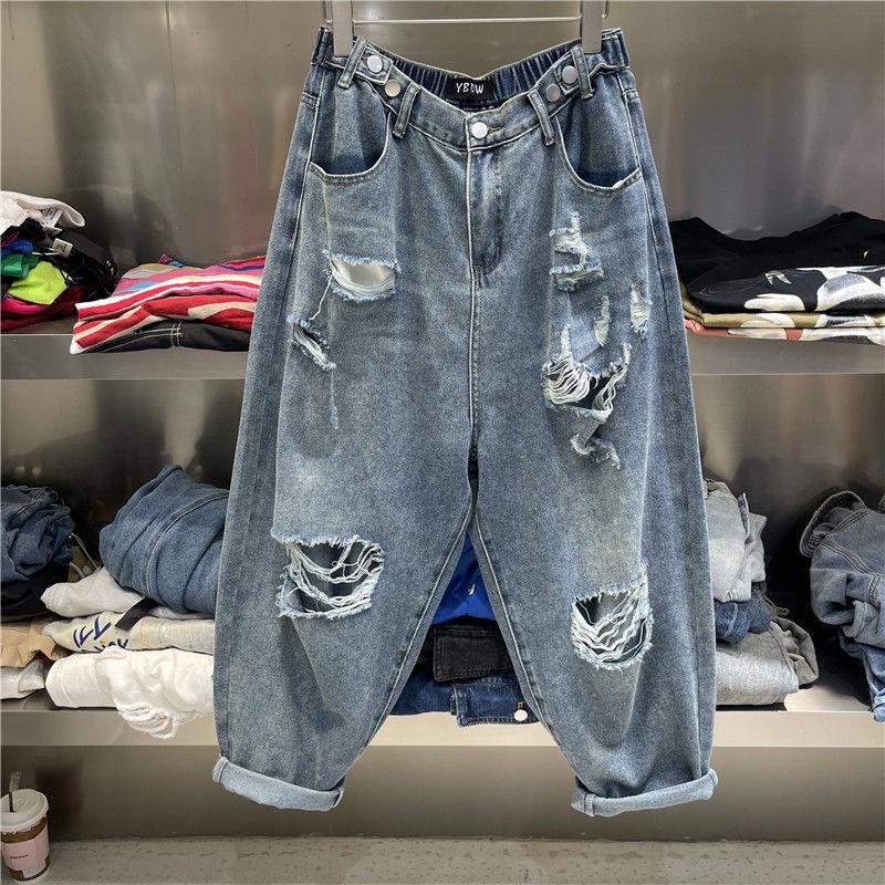 200斤特大码胖mm破洞乞丐老爹裤松紧女直筒阔腿宽松女