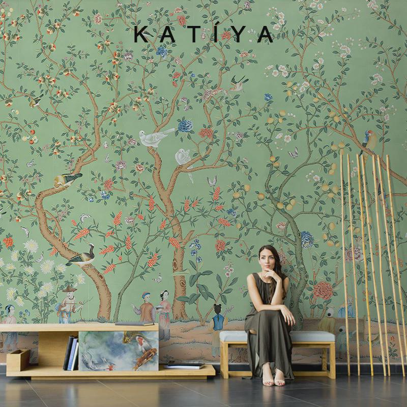 Katiya美式复古花鸟中式墙布装饰电视背景墙壁纸卧室高档定制壁画