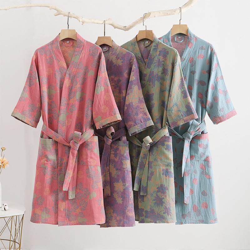 纯棉双层纱布浴袍a类春夏薄款睡衣家居服睡袍女款吸水速 干浴衣