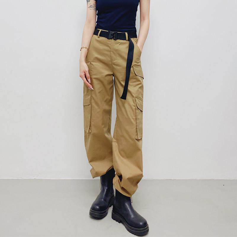 美式户外卡其工装裤女春秋显瘦宽松垂感多口袋直筒束脚裤