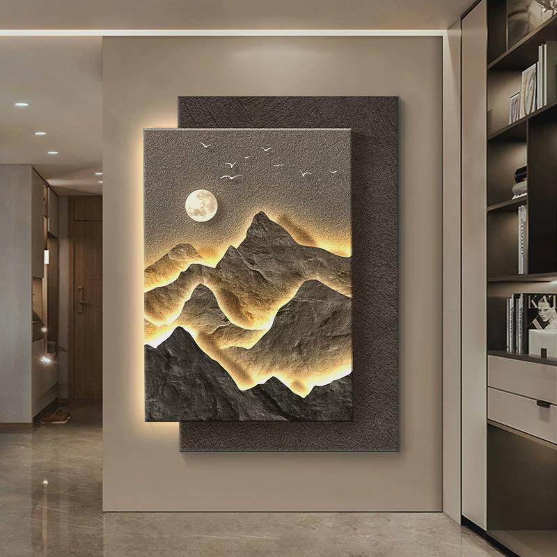 轻奢山水玄关装饰画挂画砂岩客厅背景墙立体高级感走廊尽头壁灯画