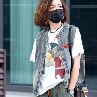 2025年夏季新款水洗拼色牛仔马夹女宽松大码短款马甲坎肩