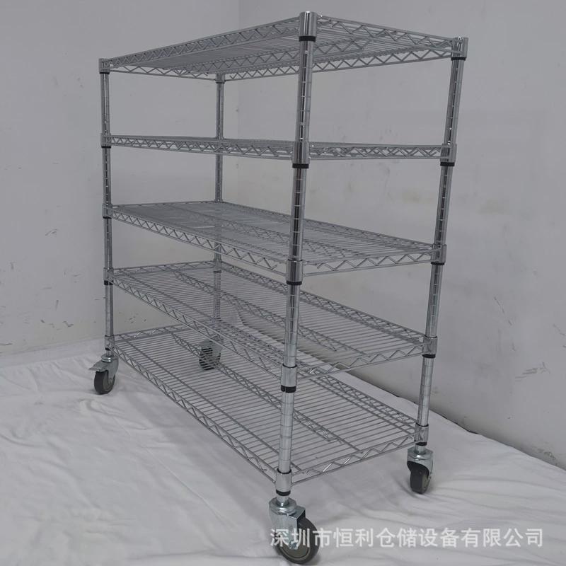 移动置物架线网镀铬多层可调节不锈钢仓库货架带轮子防静电物料架