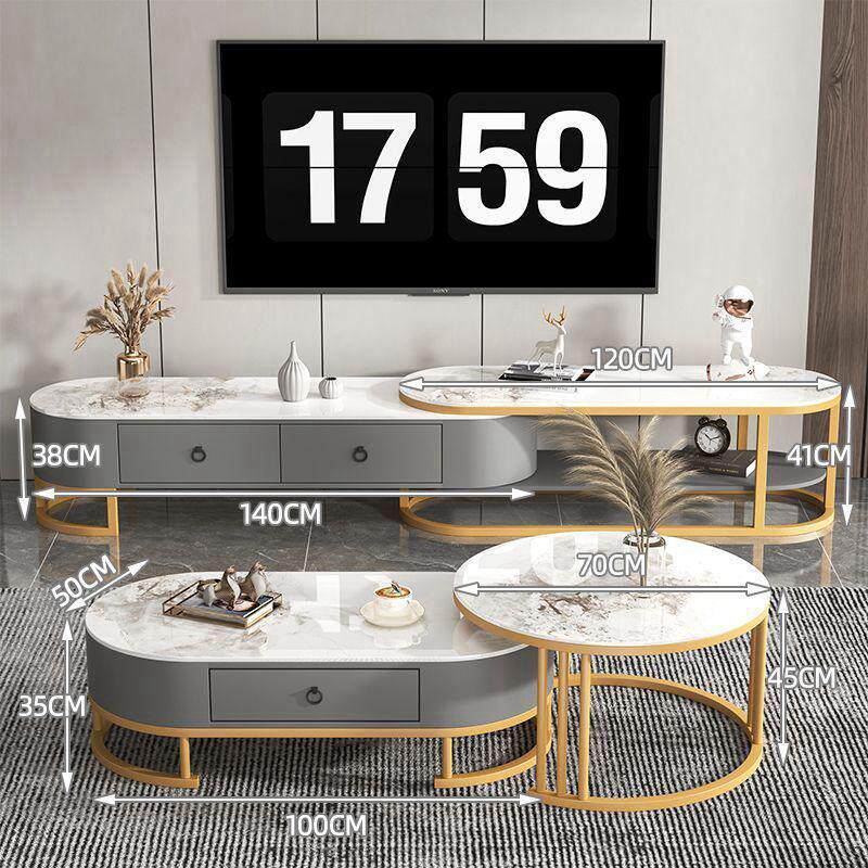 轻奢茶几电视柜组合亮光岩板小户型可伸缩简约带家用客厅茶几抽屉
