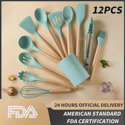 12-piece Set Wooden Handle Silicone Kitchen Utensils Silico1