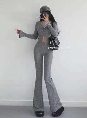 风车与矛 运动风套装女冬紧身开衫打底微喇阔腿裤两件套