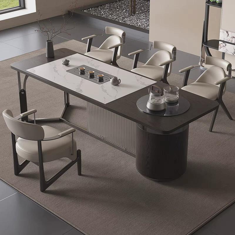 新中式实木茶桌一桌板茶台意式轻奢老板桌设计师款高端岩四椅组合