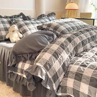 泡泡纱彩虹泡芙小清新宿舍花边四件套公主风三件套格子厂家批发