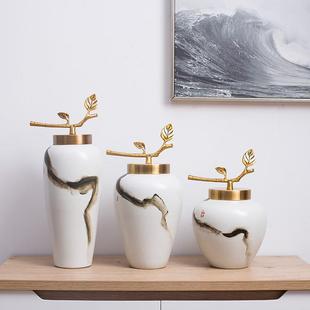 新中式手绘陶瓷花瓶带盖子铜器软装饰工艺品酒店摆设插干花器陶罐