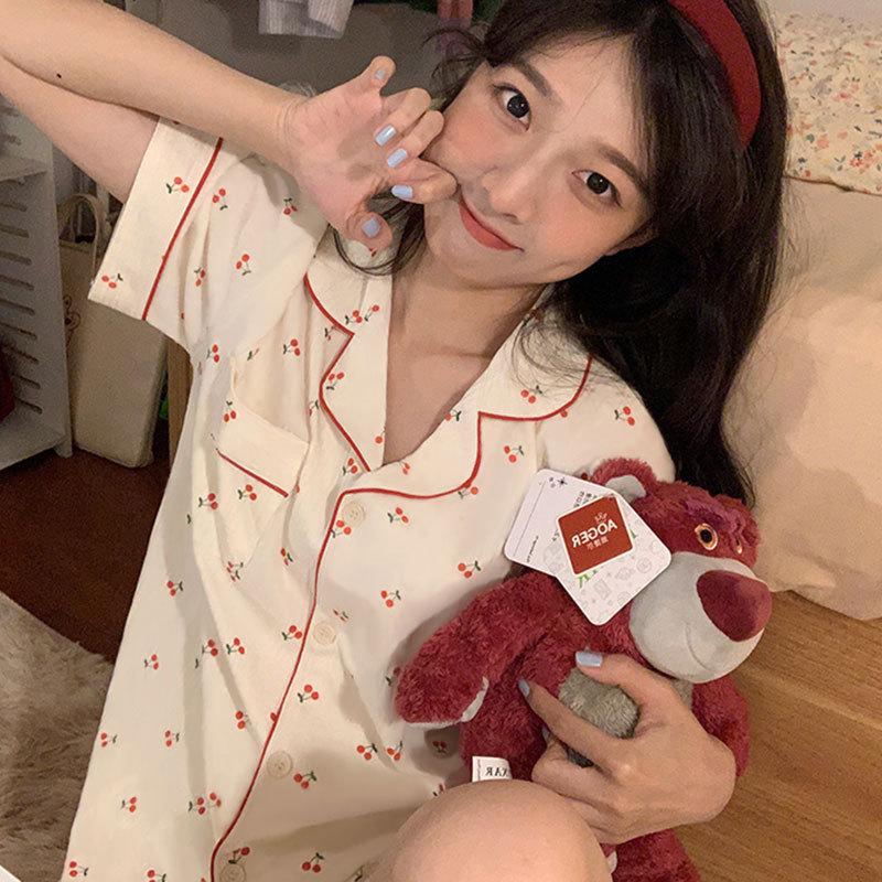 网红直播款开衫日系甜美可爱樱桃家居服夏天短袖睡衣套装女士夏季