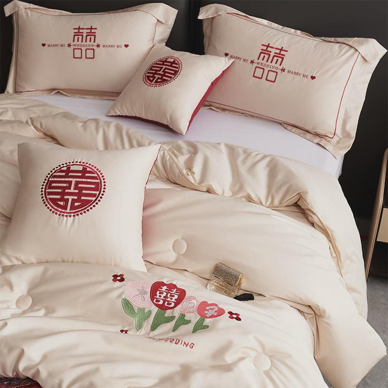 结婚陪嫁尊客||舒被芯新婚庆单双人春秋被子送礼四季刺绣喜被褥