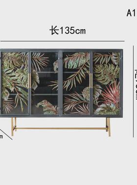 美式复古入户玄关柜彩绘玻璃铁艺金属餐边柜茶水柜客厅柜子储物柜