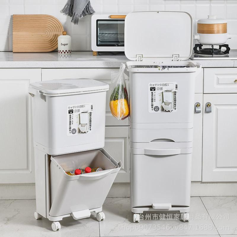 厨房垃圾桶家用带盖长方形新款双层脚踏式大容量厨余干湿分离分类