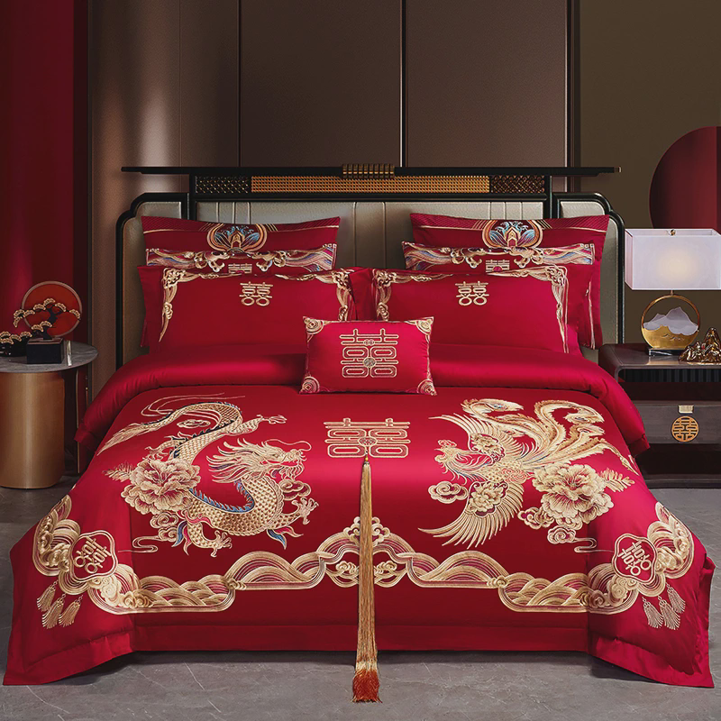 120支全棉婚庆四件套大红色结婚龙凤刺绣长绒棉纯棉喜被床上新款