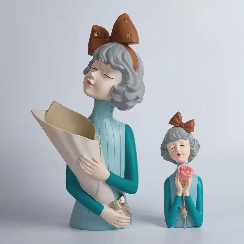 可爱嘟嘴捧橱窗装饰女孩客厅卧室店铺花工艺品树脂摆件可爱小女孩