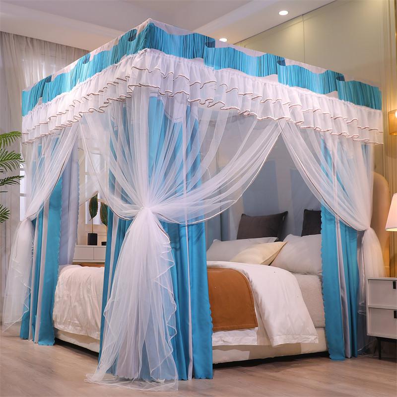 9n加密加厚宫廷落地床帘钢遮光拼色布帘一体式蚊帐支架床幔带防尘