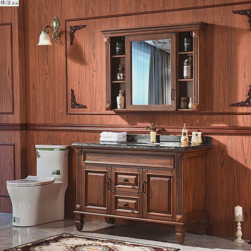 洗漱台美式落地式红橡实木浴室柜卫生间大理石洗脸洗手台盆柜组合