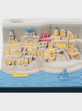 浪漫圣托便签本3d立体里尼纸雕建筑模型创意礼品少女心灯光版摆件