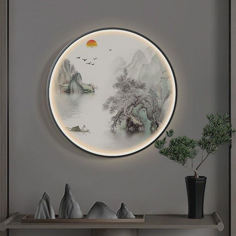 新中式玄关装饰画圆形禅意背景墙灯画走廊过道水墨山水画客厅挂画