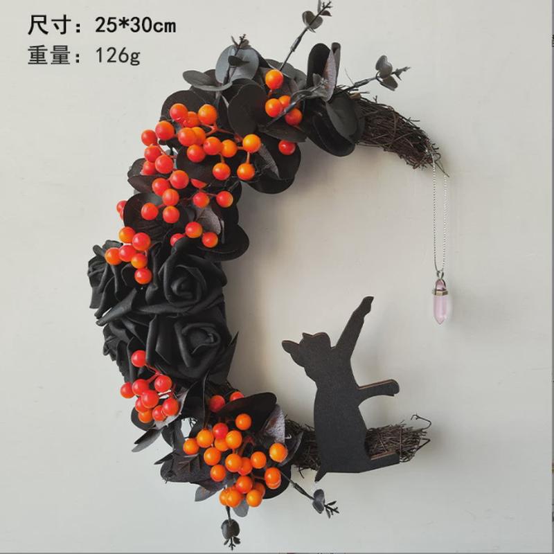 万圣节装饰品猫咪花环家居挂饰仿真植物假花枯枝藤圈节日新月批发