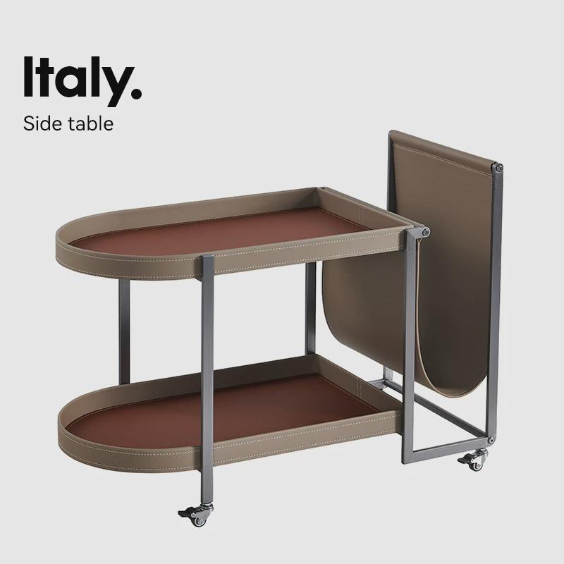 边几马鞍皮沙发轻奢小户型客厅阳台复古现代可移动置物架推车茶几