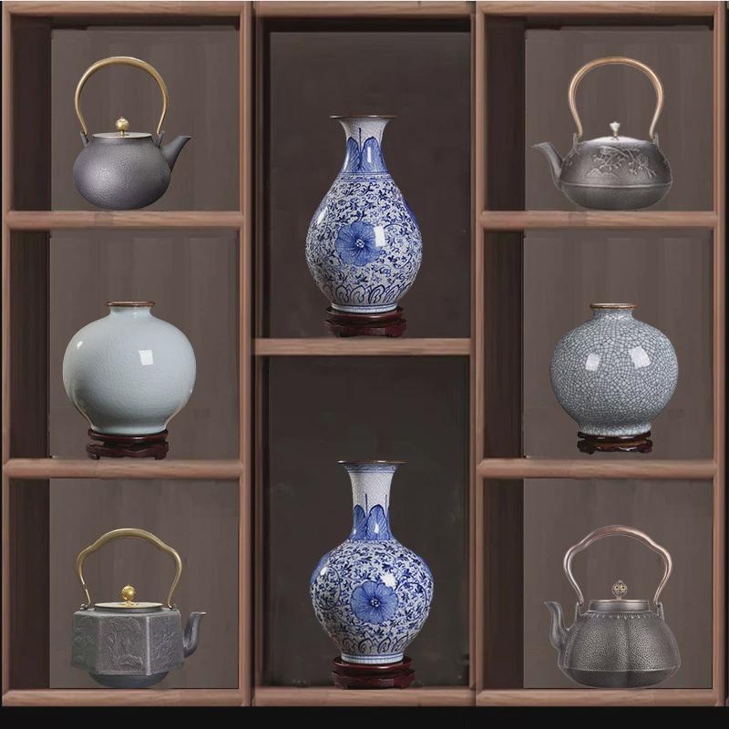 酒店茶室办公室博古架复古摆件新中式茶柜茶壶铁壶陶瓷花瓶装新款