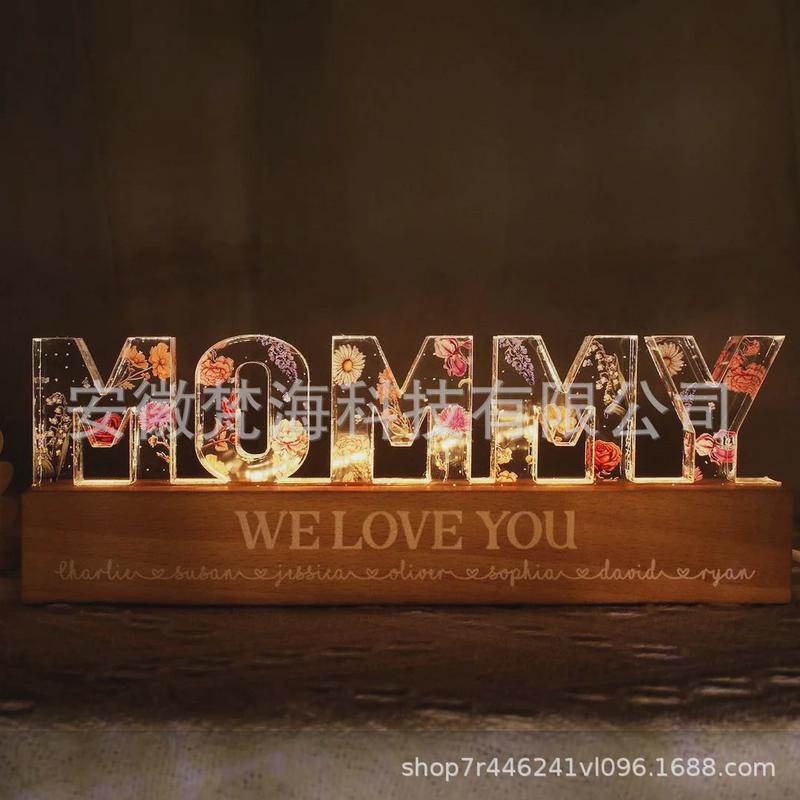 爆款母亲节创意礼品定制印花亚克力小夜灯文字生辰花摆件