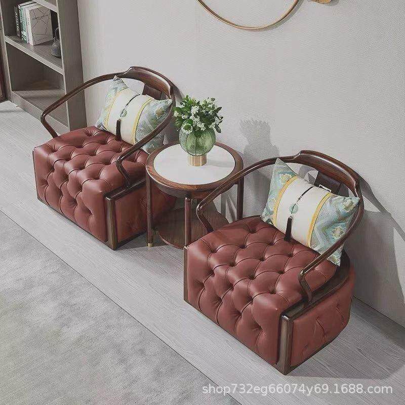 现代简约单人沙发椅乌金木新中式禅意实木沙发轻奢休闲洽谈椅皮椅