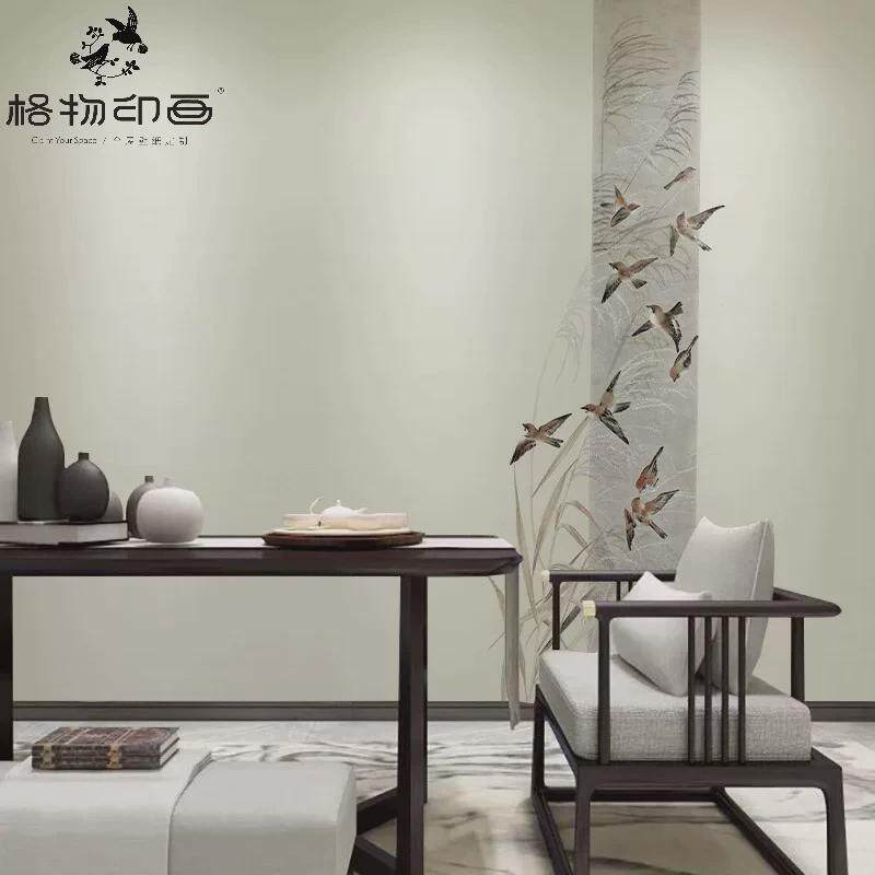 新中式淡雅芦苇花鸟电视背景墙布壁纸卧室墙纸壁布环保无纺布壁画