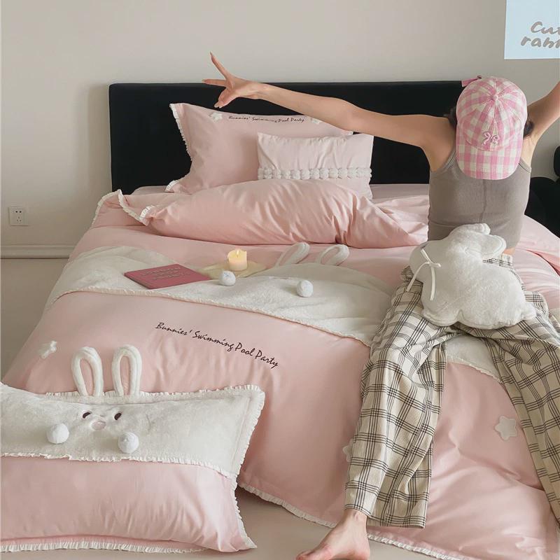 秋冬全棉磨毛丨绣治愈温暖s100长绒棉四件套超柔温感起绒贴布可爱