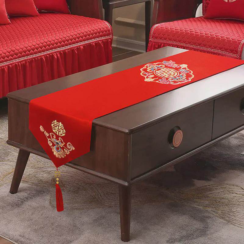 桌旗结婚茶几桌布婚礼中式红色喜字餐桌布婚庆流苏刺绣盖电视柜巾