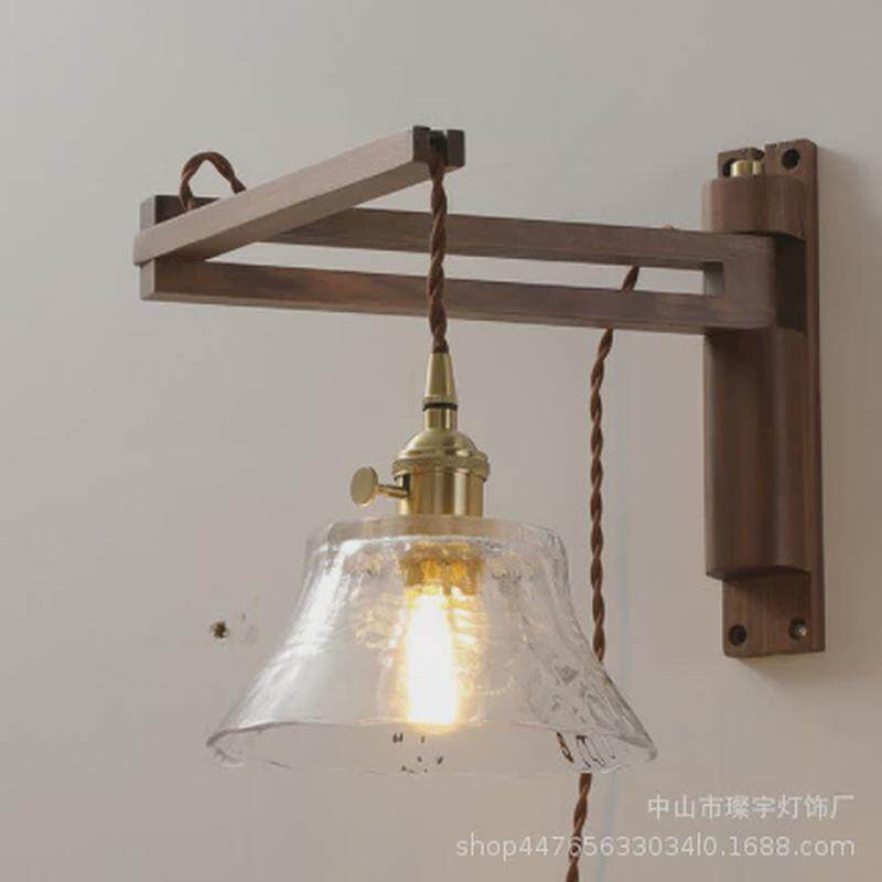 复古折叠日式壁灯陶瓷壁挂卧室胡桃木灯走廊书房伸缩免接线镜前灯