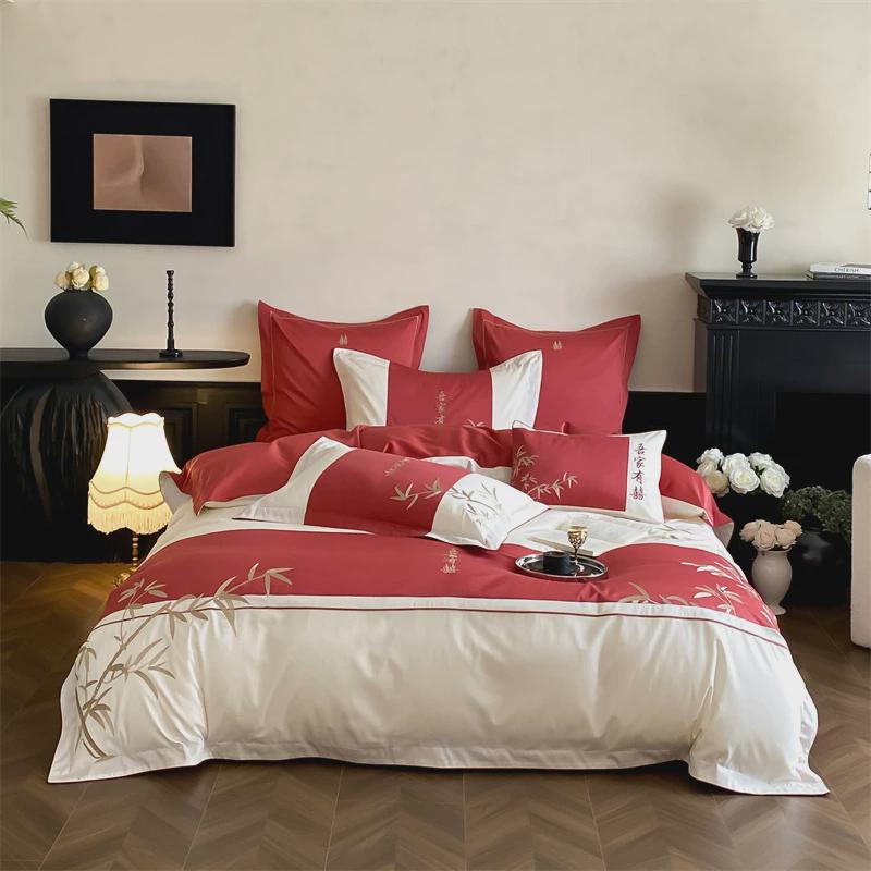 床上用品婚庆100s澳棉四件套全棉纯棉国风竹子刺绣结婚1.8m新中式