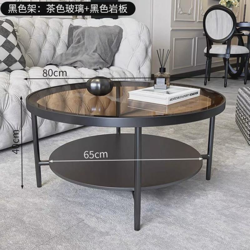 极简轻奢圆形玻璃黑色茶几桌客厅家用岩板小户型轻奢简约玻璃茶几