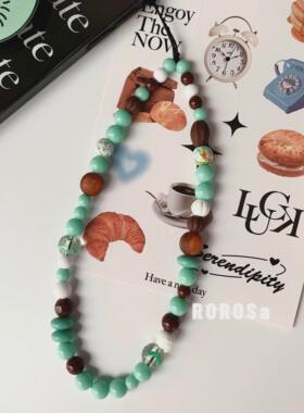 ROROSa手工原创ins薄荷巧克力夏日手机链ccd相机挂绳串珠挂件挂饰
