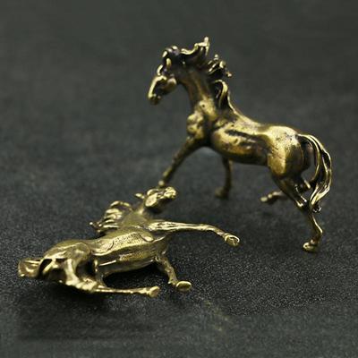 古玩铜器收藏纯黄铜铸造古铜骏马摆件家居装饰小摆件复实心马一对