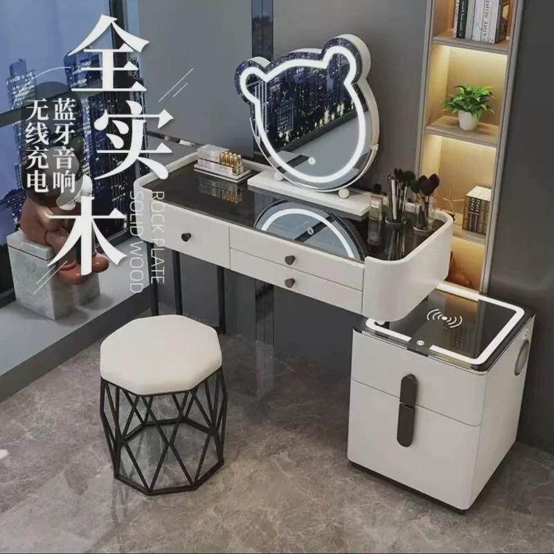 新款全实木软包无线充电智能网红化妆桌梳妆台房间现代化妆台