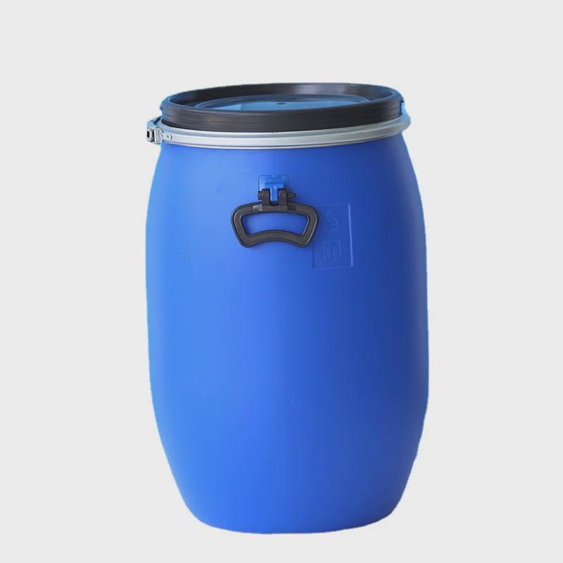 供应60l新料抱桶hdpe塑料化工桶蓝色法兰箍桶圆形铁箍桶厂家