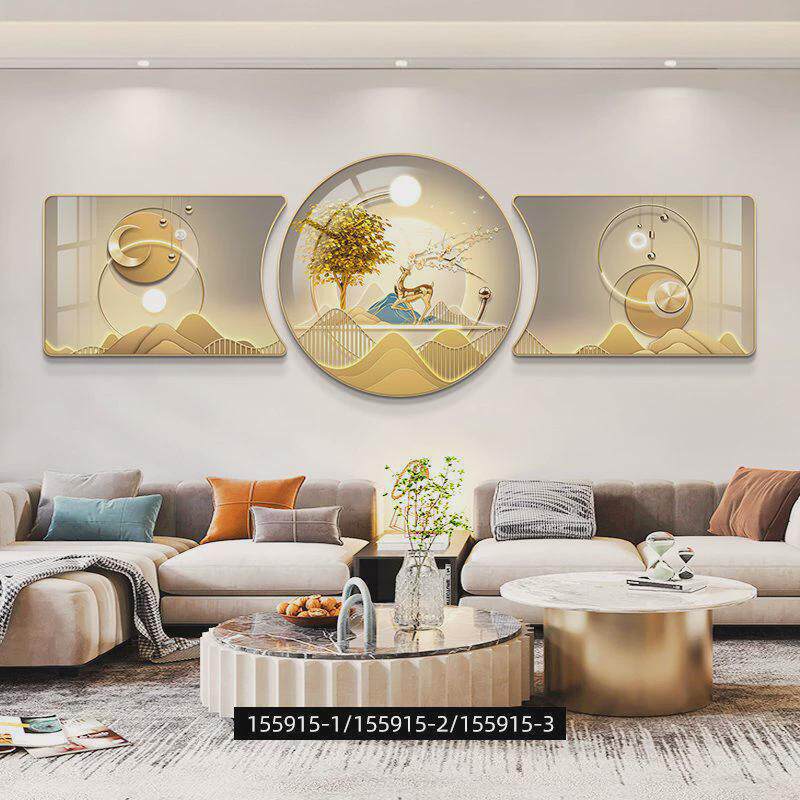 中式鹿山水轻奢客厅装饰画高级感大气三联画新款沙发背景墙挂画福
