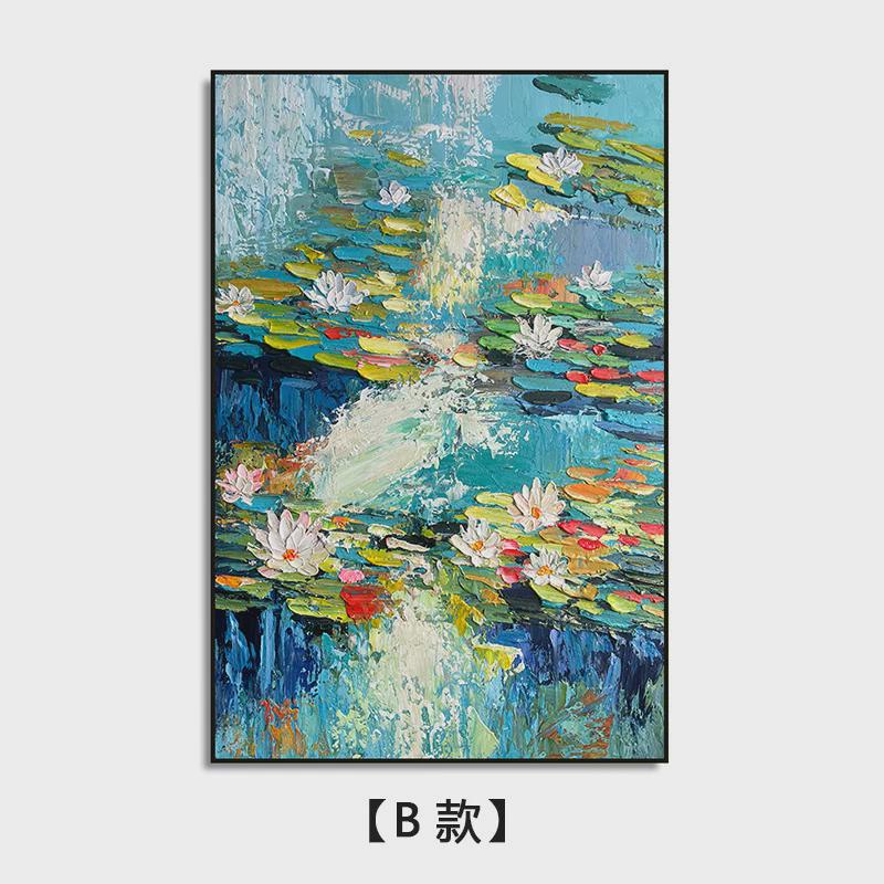莫奈睡莲纯手绘油画客厅新中式挂画玄关装饰画抽象荷花禅意肌理画