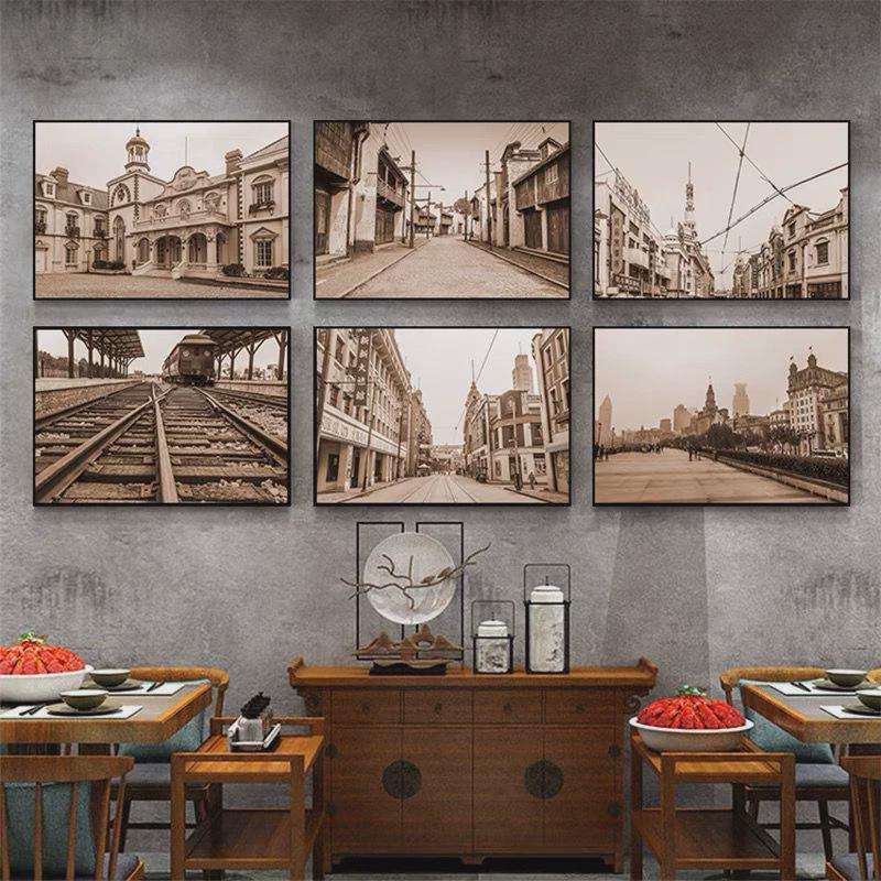民国风装饰画怀旧复古海报老上海主题餐厅墙面壁画建筑老照片挂画图片