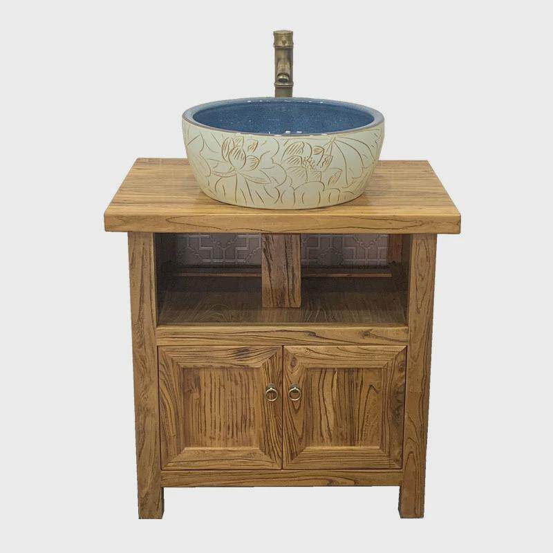 J6DA实木落地仿古小户型台上盆复古老榆木中式浴室柜组合洗簌台洗