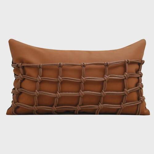 现代样板房棕色PU皮编织抱枕高级感沙发背靠垫软装设计师床头方枕