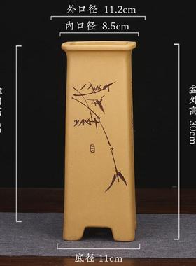 紫砂花盆段泥精品盆高四方兰花盆君子兰悬崖文竹客厅盆景刻绘批发