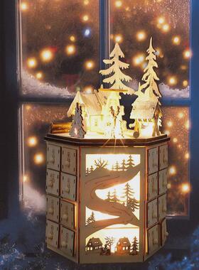 创意led旋转音乐24倒计时圣诞节日历家居抽屉日历木制圣诞摆件