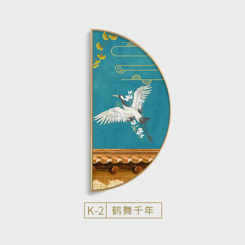 新中式玄关装饰画中国风禅意客厅半圆形挂画走廊中式壁画花鸟挂画