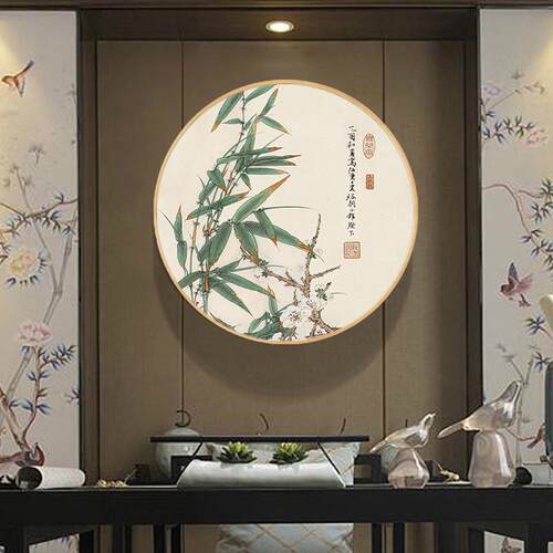 现代新中式客厅装饰画梅兰竹菊圆框挂画餐厅实木圆形国画玄关壁画