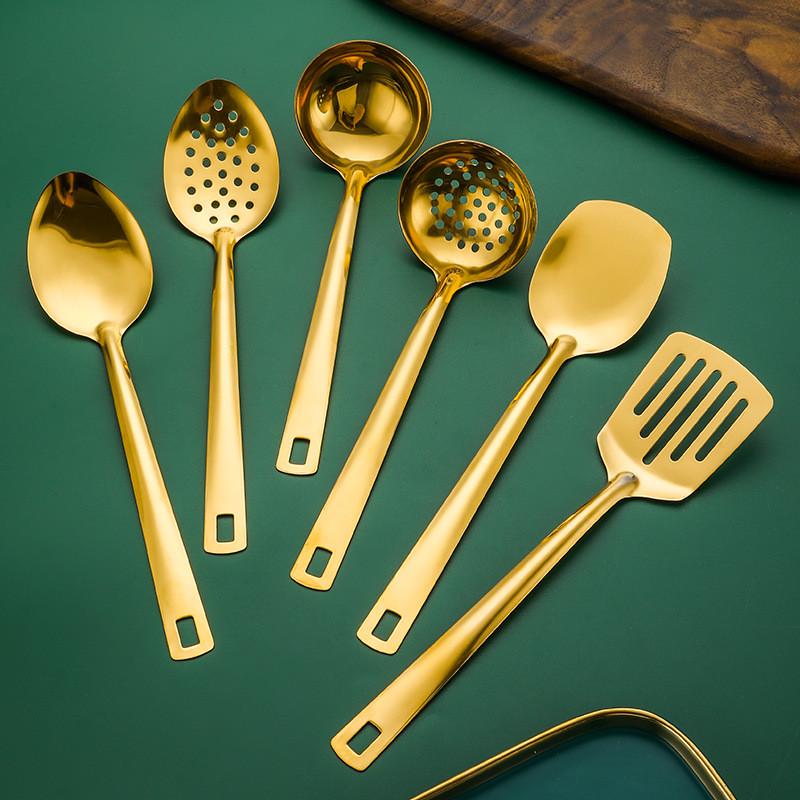 新款不锈钢厨具 套装6件套迷你厨具中华铲小汤漏蛋糕铲金色小锅铲