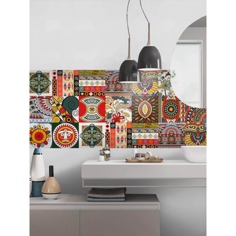 xyt背景3d立体自粘墙纸卫生间防水厨房墙贴装饰地贴复古唐卡瓷砖