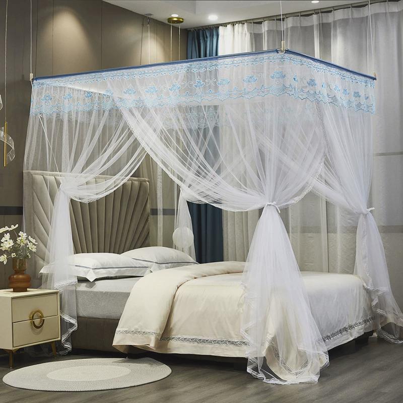 JW新款免安装吊顶挂绳式落地伸缩蚊帐家用卧室三开门公主风方便拆